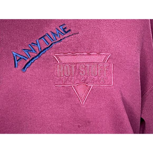 sweatshirt anytime hot stuff pizza maroon blue embroidered 1990s - Picture 2 of 9